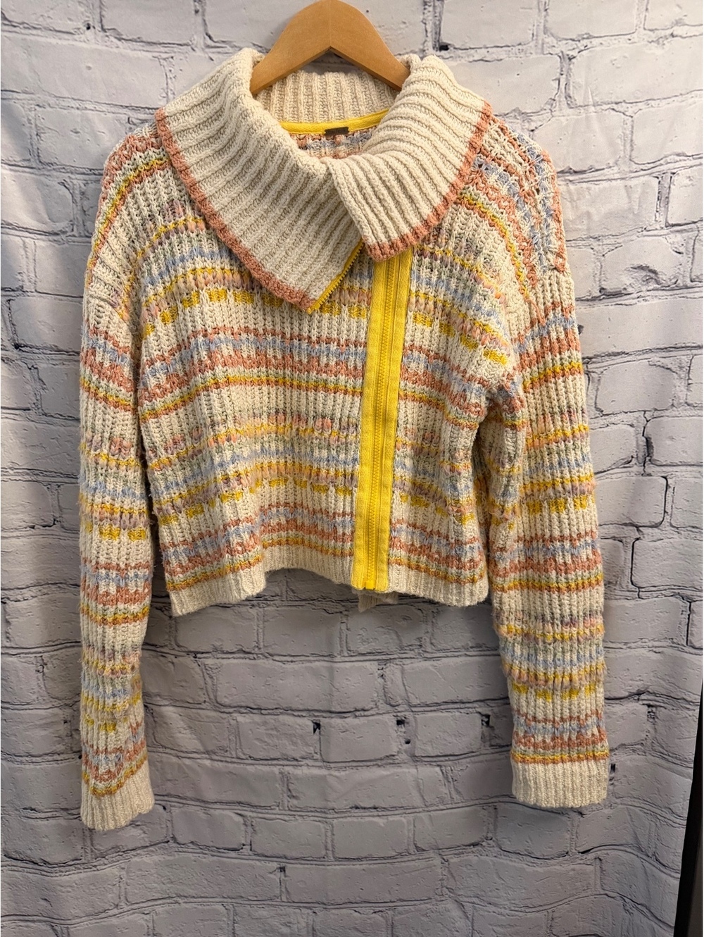 Free People Fair Isle Zip Cardigan Cropped Shawl Collar Sweater